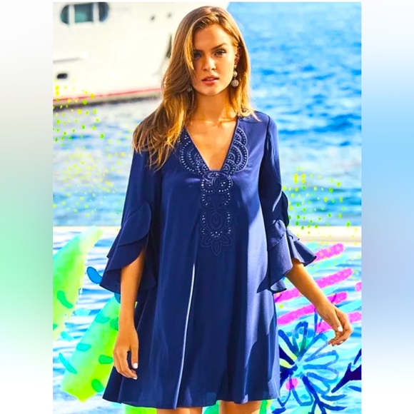278.00 NWT LILLY PULITZER TATIANA DRESS STRETCH SILK EMBELLISHED NAVY - Picture 3 of 7